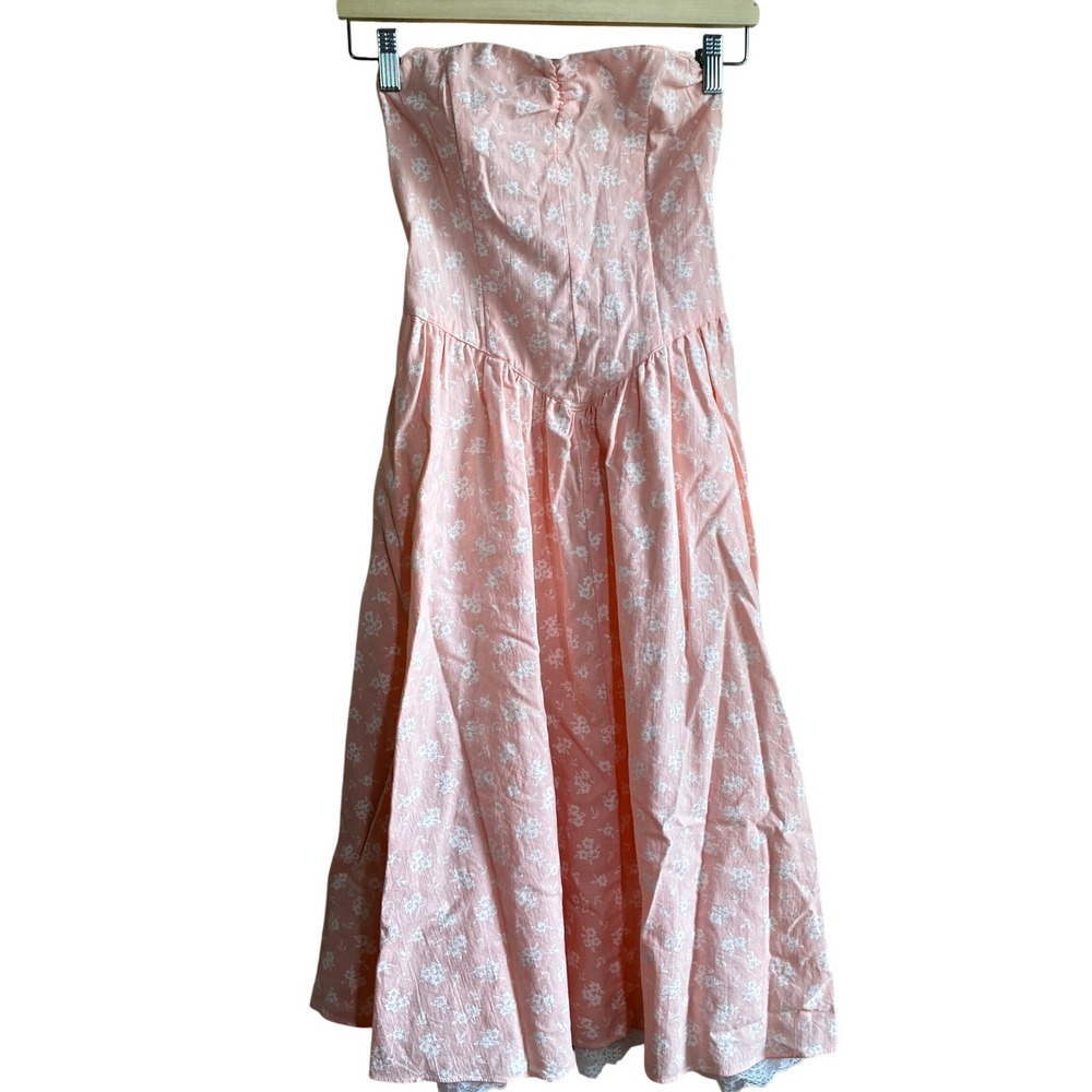 Vintage Floral Strapless Lace Midi Corset Dress S Pink Cottagecore Smocked Back